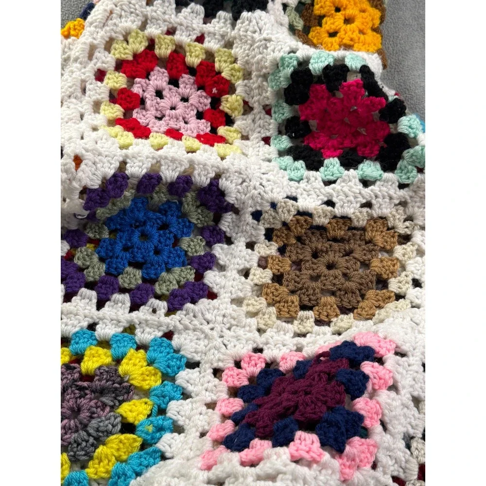 Vintage Handmade Crochet Granny Square Blanket Multi Color Boho Throw 43x43